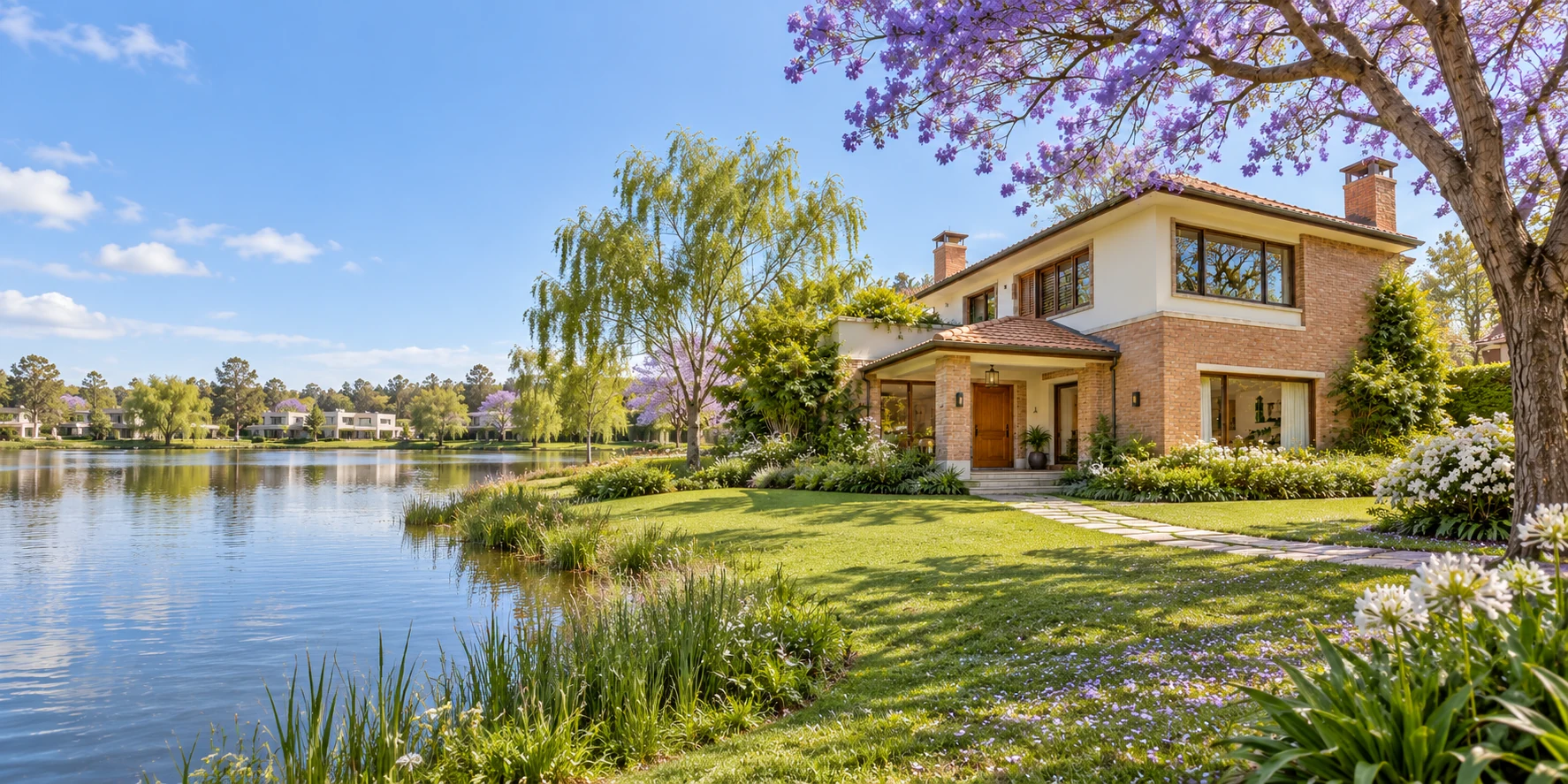Casa de ladrillo junto a un lago, con jardín y árboles en flor